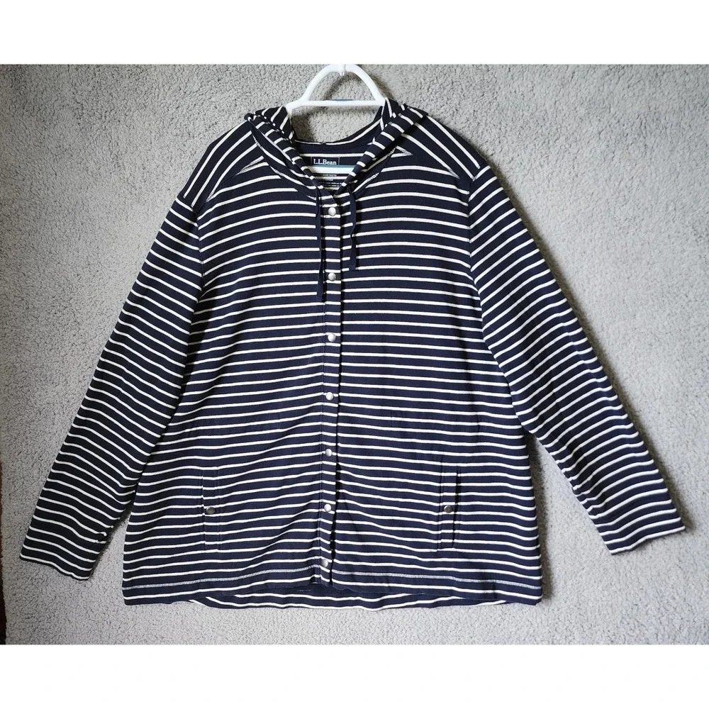L.L. Bean Snap Front Hoodie Women 3X Blue White Striped Cotton Blend 502733 - Picture 1 of 11